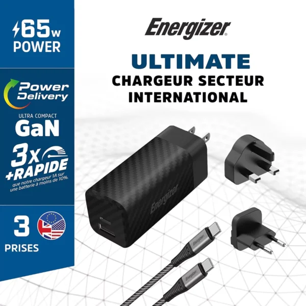 Energizer 65W Fast Charger With UK/EU/US Adapter Black - Image 3